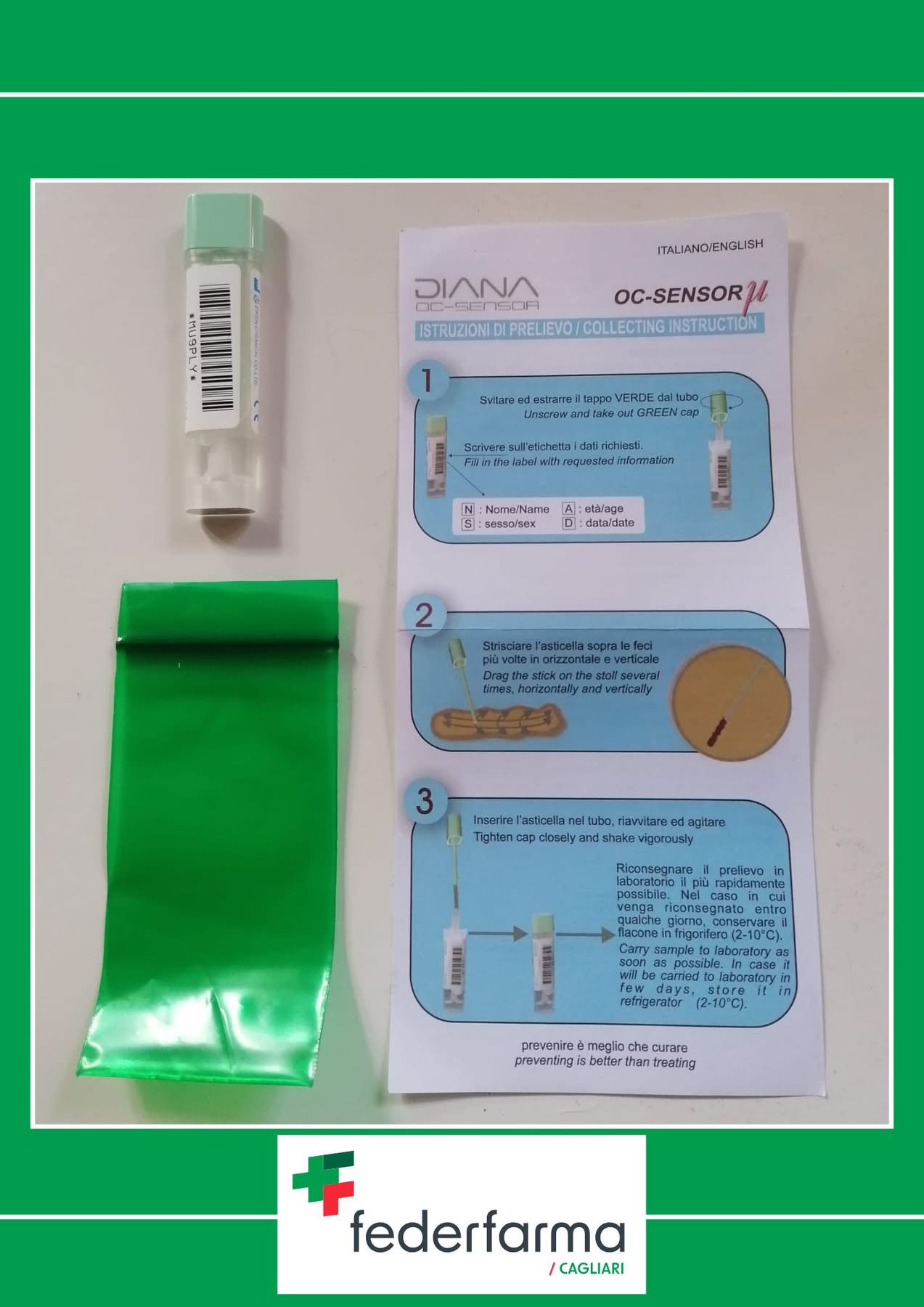 Kit con provetta a tappo verde, bustina e istruzioni